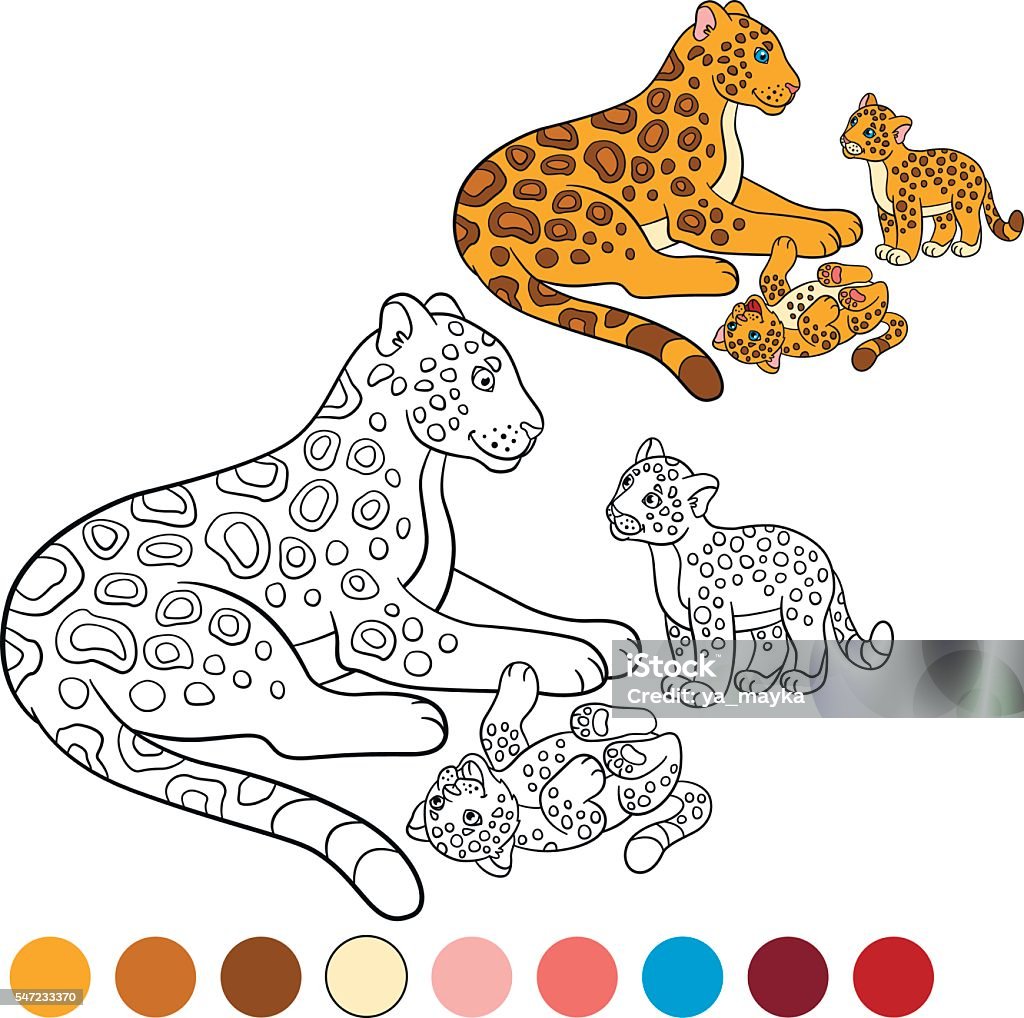 Coloring Page With Colors Mother Jaguar With Her Cubs Stock Illustration -  Download Image Now - iStock