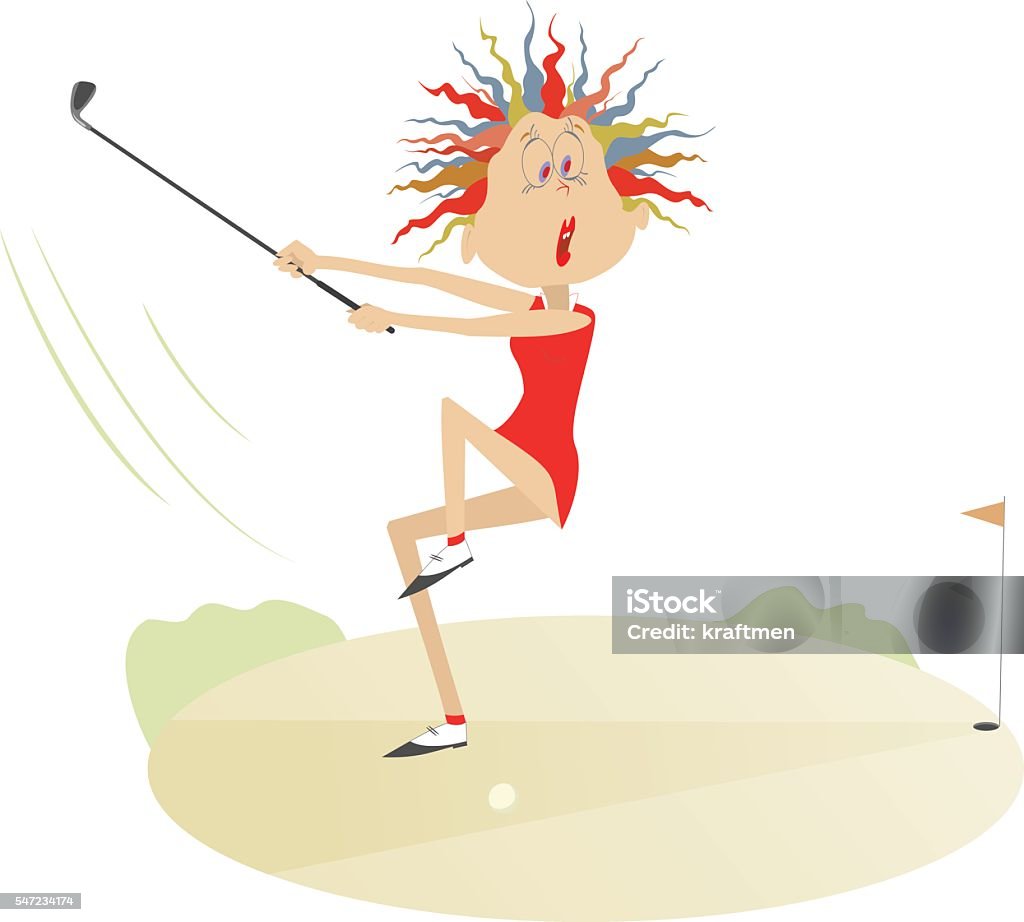 Woman golf player Comic young woman is playing golf  Golf stock vector