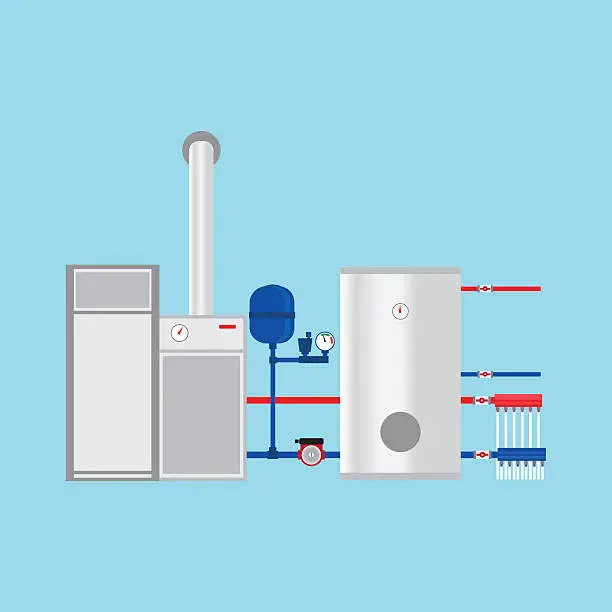 Vector illustration of Pyrolysis boiler in the cottage. Vector.