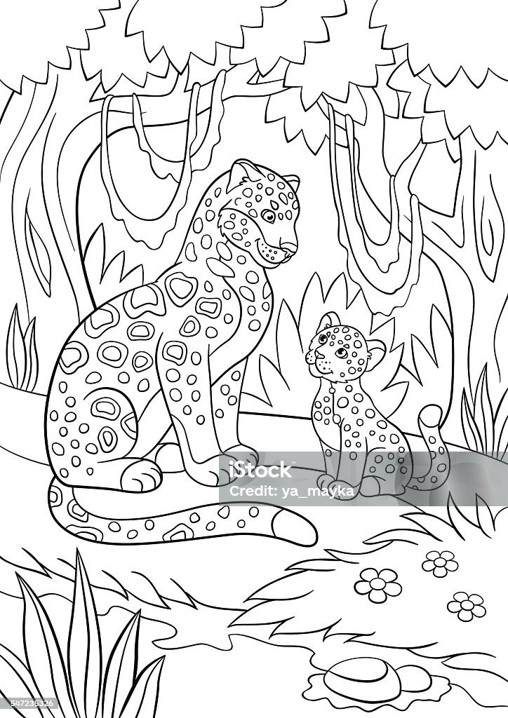 Coloring pages. Mother jaguar with her cub. Coloring pages. Mother jaguar with her little cute cub in the forest. Jaguar - Cat stock vector