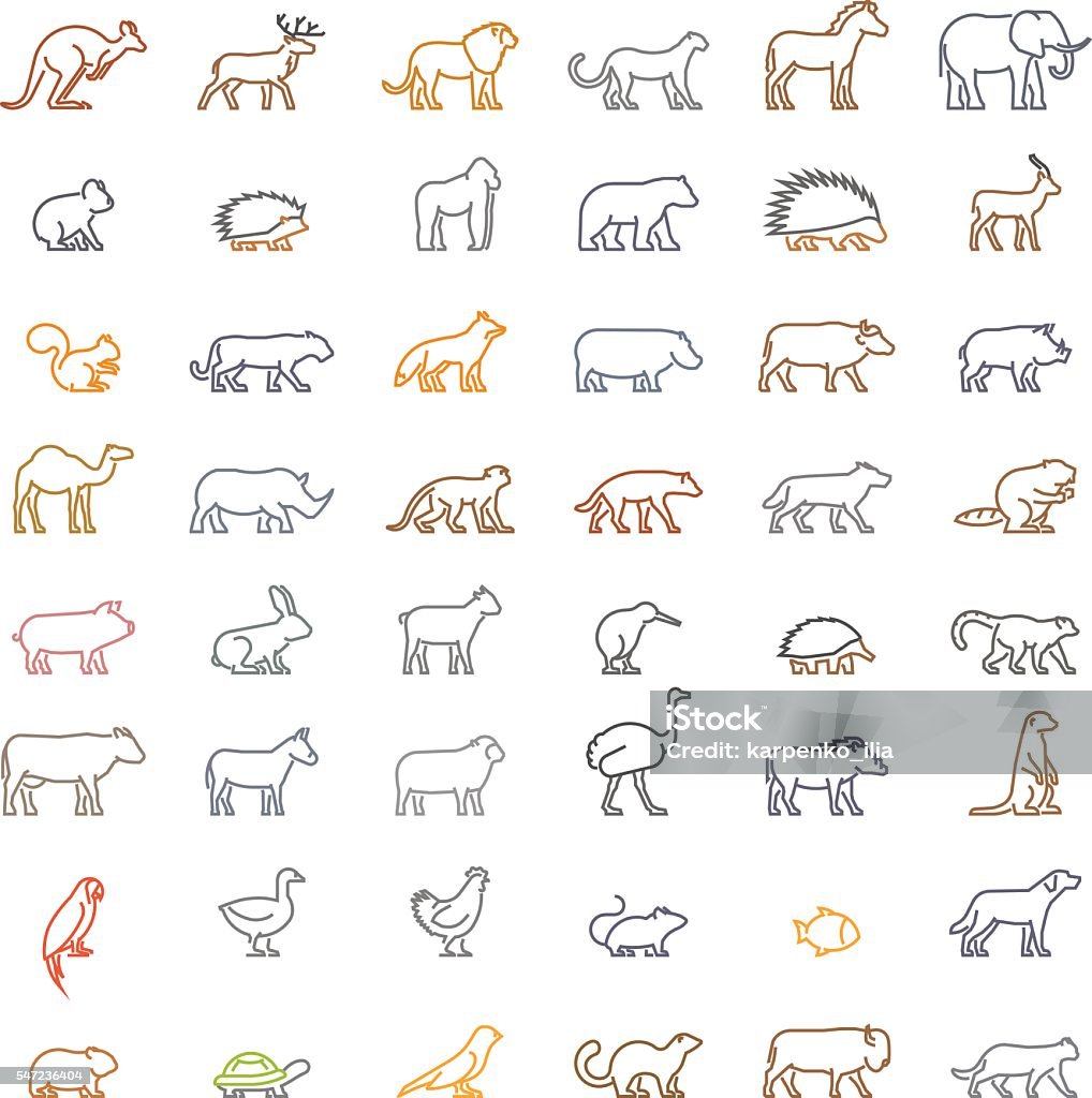 Vector color line set of silhouettes of animals Vector color line set of silhouettes of animals. Line icon ferret, meerkat, chicken, hedgehog, cat, dog and others. Open path. Icon Symbol stock vector