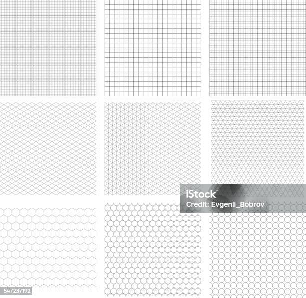 Satz Von Neun Grauen Geometrischen Gittern Stock Vektor Art und mehr Bilder von Gitter - Gitter, Isometrische Darstellung, Muster