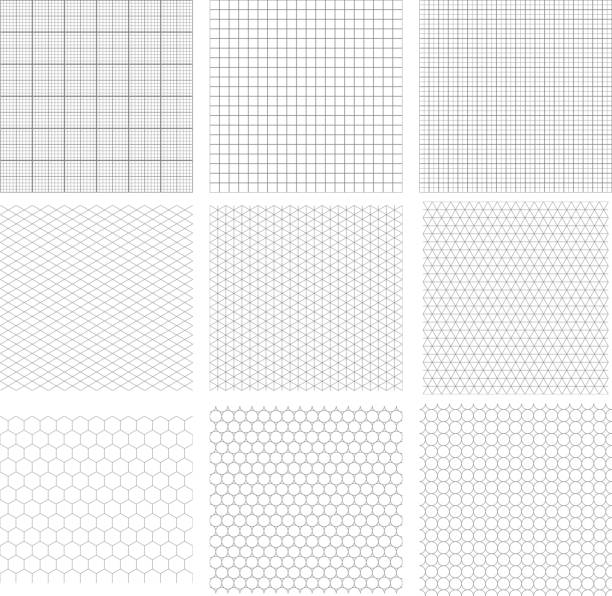Set of nine gray geometric grids Set of nine gray geometric grids, seamless patterns isolated on white. Millimetric, isometric, hexagonal and circles blueprint patterns stock illustrations