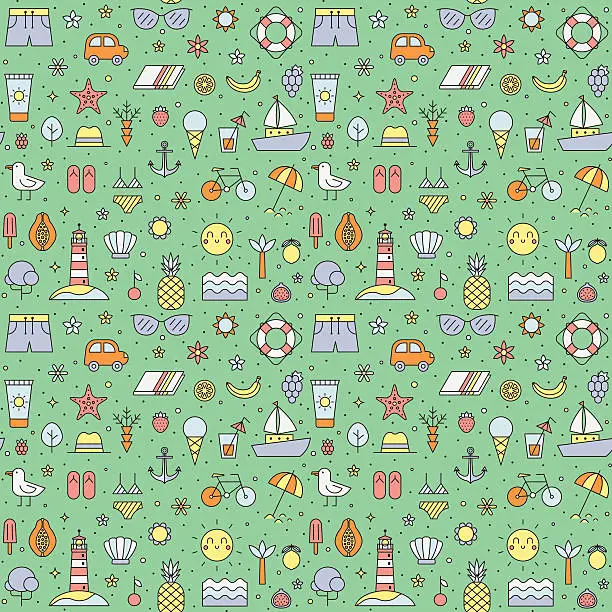Vector illustration of Summer beach multicolored big seamless pattern (green). Simple outline design.