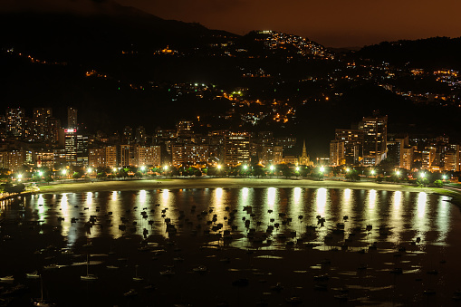 Rio de Janeiro city center with coastline, night view from the Sugar Loaf, November 2015