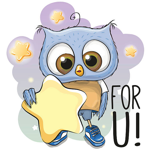 Cute Cartoon Owl Cute Cartoon Owl girl with star on the stars background pink owl stock illustrations