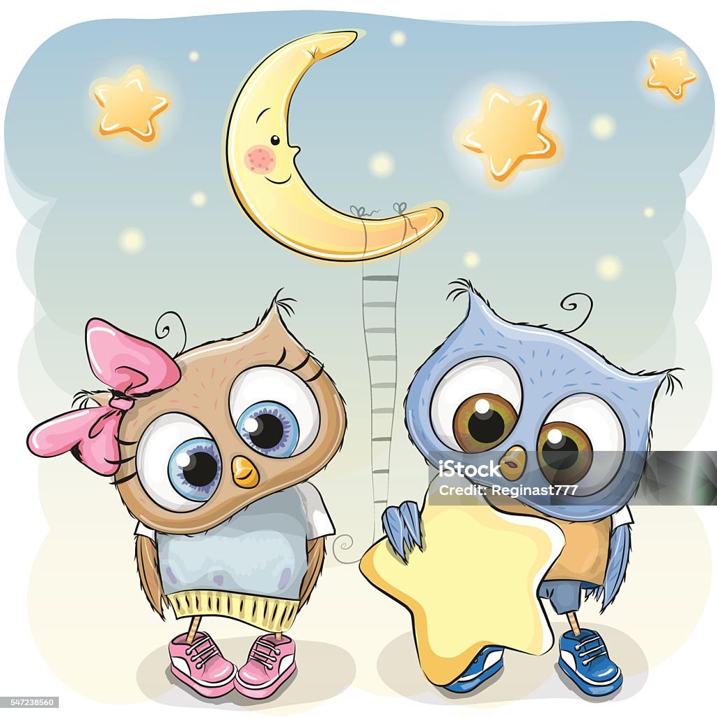 Owl Girl and Boy with a star Cute cartoon Owl boy gives a Owl girl a star Animal Themes stock vector