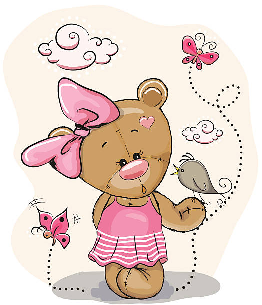 ilustrações de stock, clip art, desenhos animados e ícones de teddy girl and bird - butterfly single flower vector illustration and painting