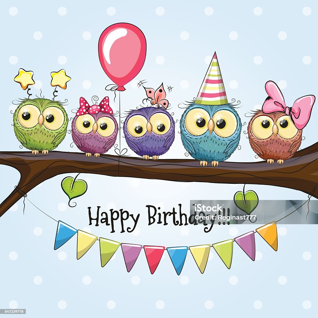 Five Cute Owls Five Owls on a brunch with balloon and bonnets Animal stock vector