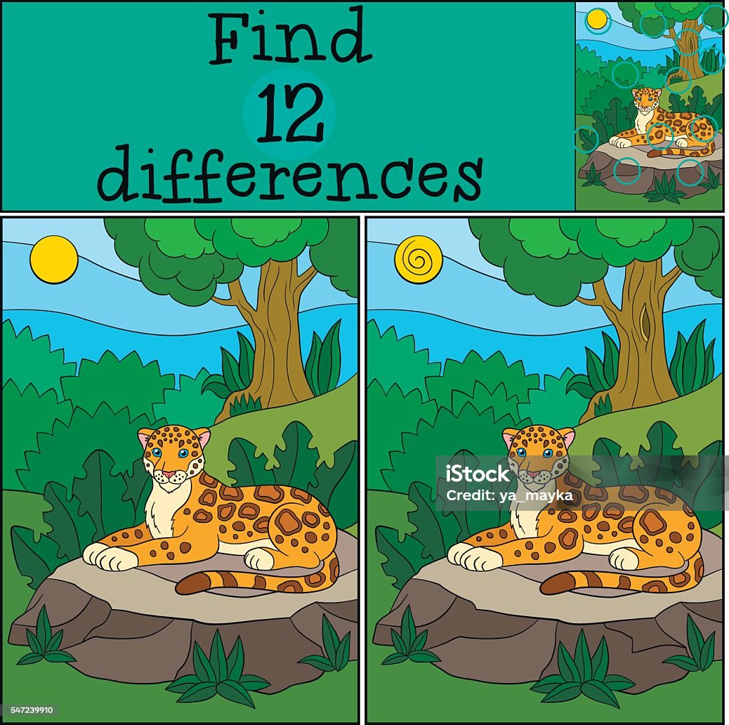Educational game: Find differences. Cute jaguaron the stone. Educational game: Find differences. Cute spotted jaguar lays on the stone in the forest and smiles. Adversity stock vector