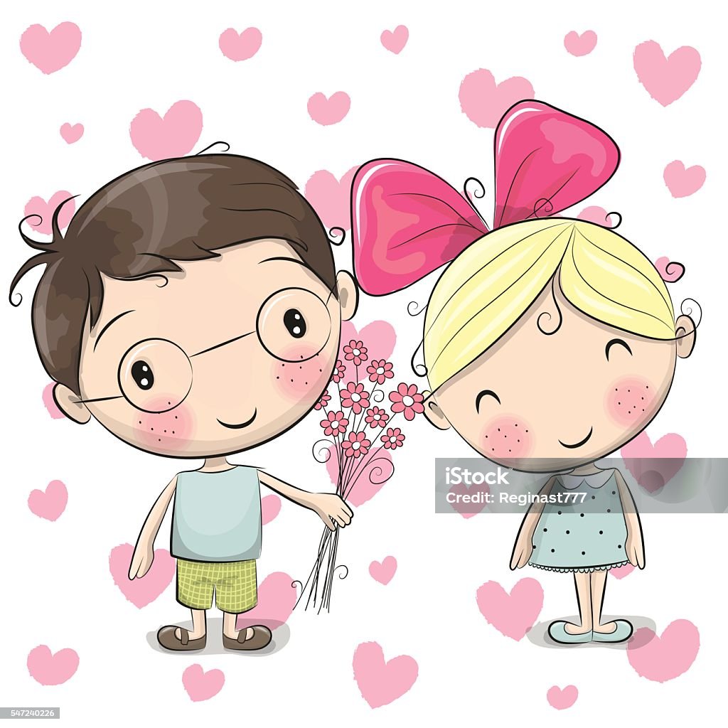 Boy and girl Cute Cartoon boy gives a girl flowers on a heart background Adult stock vector