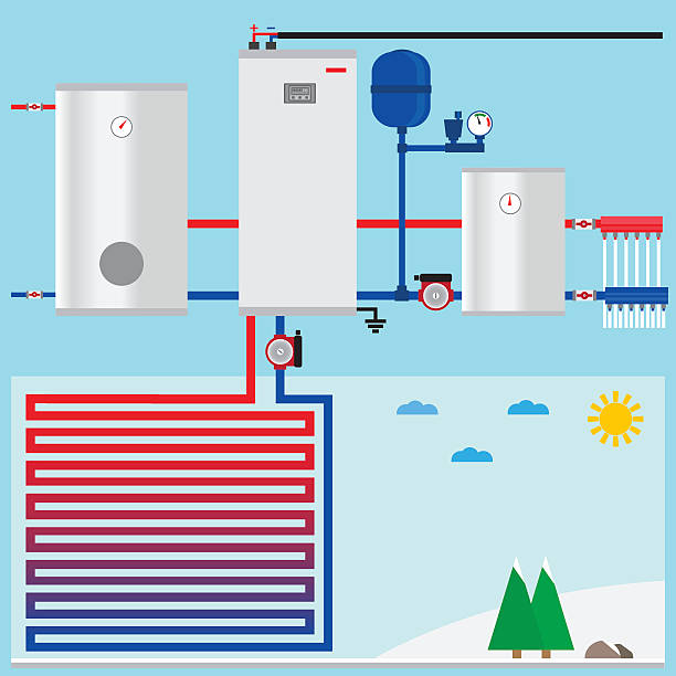 Air source heat pump in the cottage. Vector. Air source heat pump in the cottage. Vector. Air Exchanger stock illustrations