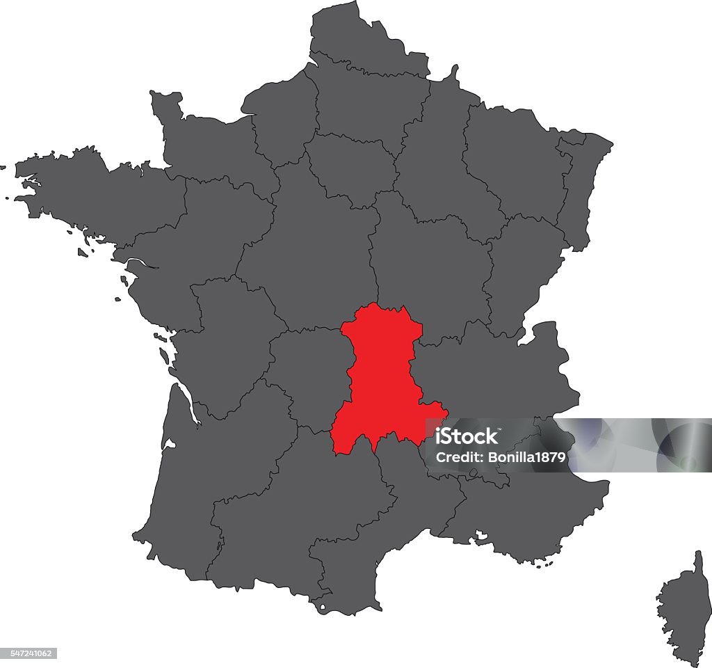 Auvergne red on gray France map vector Auvergne-Rhône-Alpes stock vector