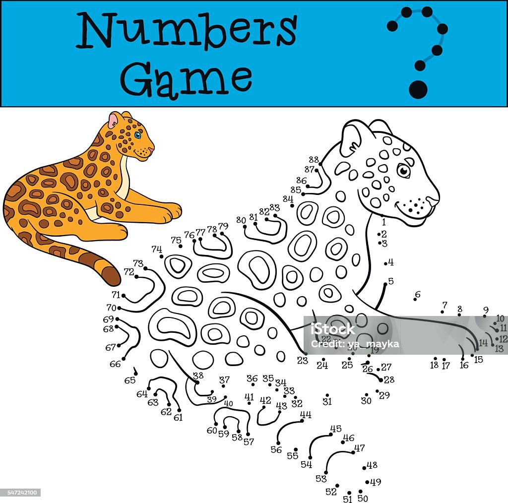 Educational game: Numbers game. Cute spotted jaguar smiles. Educational game: Numbers game. Cute spotted jaguar lays and smiles. Adversity stock vector