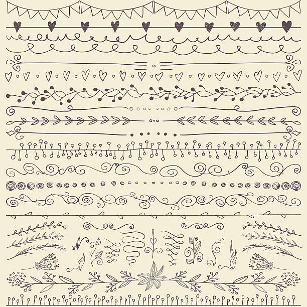 illustrazioni stock, clip art, cartoni animati e icone di tendenza di set di linee disegnate a mano bordo ed elementi di design eleganti. - divider single line striped ornate