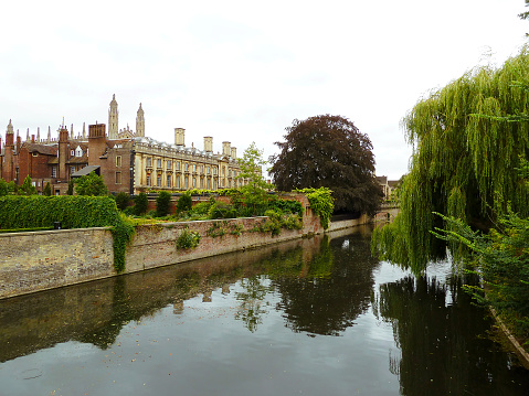 Bridges over river Cam with hanging willow and garden and colleges of the University of Cambridge.