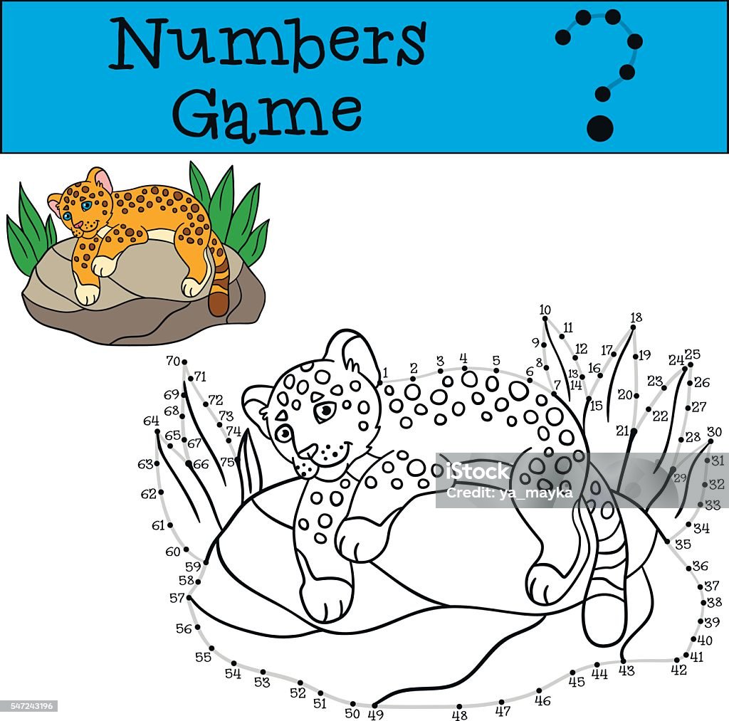 Educational game: Numbers game. Little cute baby jaguar. Educational game: Numbers game. Little cute baby jaguar lays on the rock and smiles. Adversity stock vector