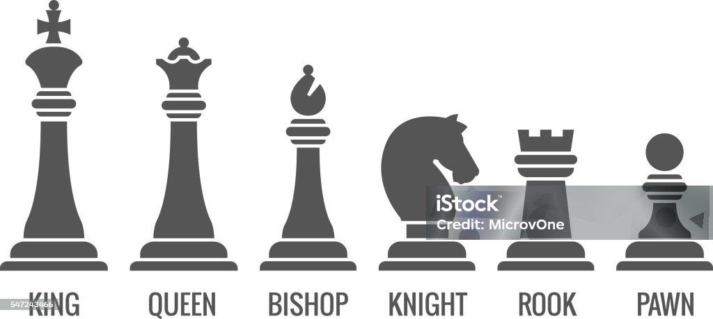 Named chess piece vector icons set Named chess piece vector. Icons set of chess figures queen and king, illustration rook pawn and knight for chess Queen - Chess Piece stock vector
