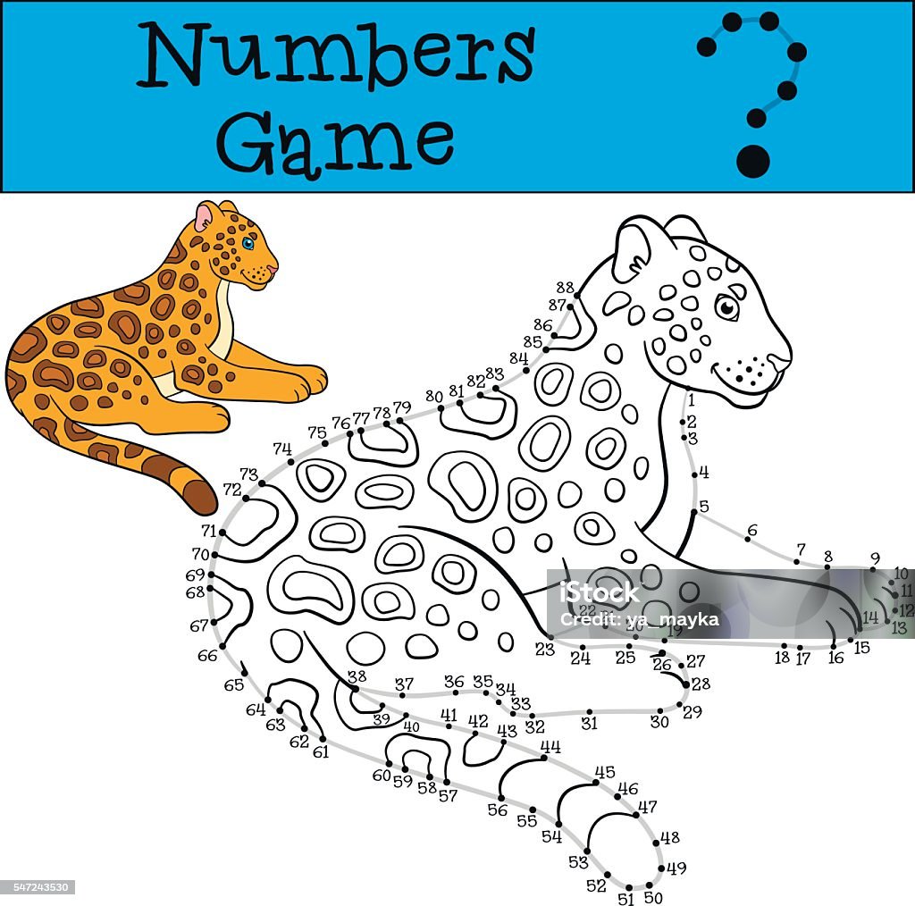 Educational game: Numbers game with contour. Cute jaguar smiles. Educational game: Numbers game with contour. Cute spotted jaguar lays and smiles. Adversity stock vector