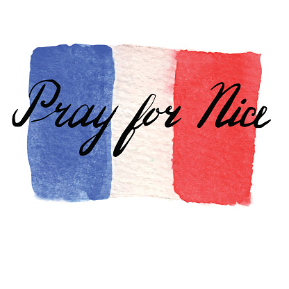 Watercolor France national flag. Pray for Nice lettering. The day of terrorist attack in Nice, France. Tribute to all victims of Nice terrorist attack. World mourns for France. Vector illustration.