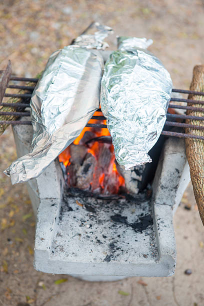 istock Fresh fish on aluminum foil on charcoal grill 547245512