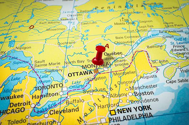 istock Red thumbtack in a map, pushpin pointing at Ottawa 547246534