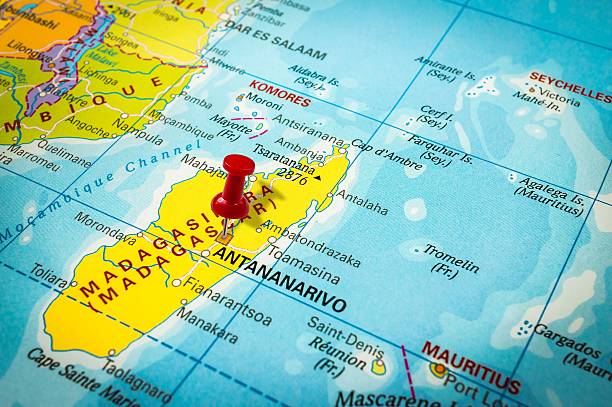 istock Red thumbtack in a map, pushpin pointing at Antananarivo 547405438