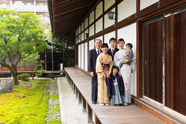 familia japonesa en el templo chion-ji celebrando shichigosan - traditional clothing fotos fotografías e imágenes de stock