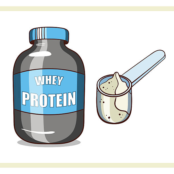 Sport_Nutrition_Protein Plastic jar and scoop with whey protein on white background. Sport nutrition. Vector illustration. protein powder bottle stock illustrations