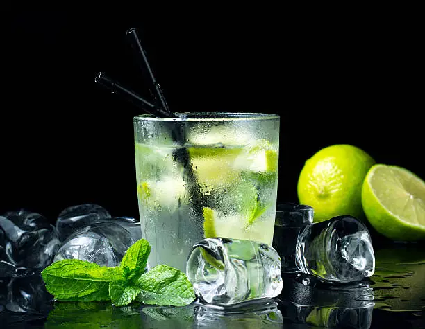 cold Mojito cocktail with fresh limes, mint and ice