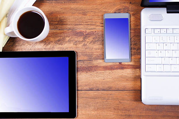 istock Technology: Laptop, smart phone, digital tablet on desk. Communications. 547407914