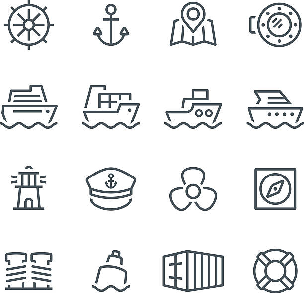 Nautical Icons Nautical, shipping, icons, sailing, anchor, sea, shipping portn, ship, yacht, tugboat sailor hat stock illustrations