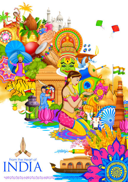 India background showing its culture and diversity illustration of India background showing its culture and diversity with monument, dance and festival symbol of india stock illustrations