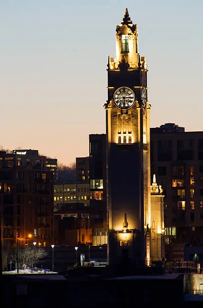 The Old-Port Clock Tower in Montreal at dusk.
