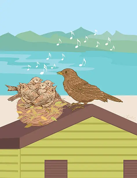 Vector illustration of Mother Bird Sings To Her babies On A Beach Hut