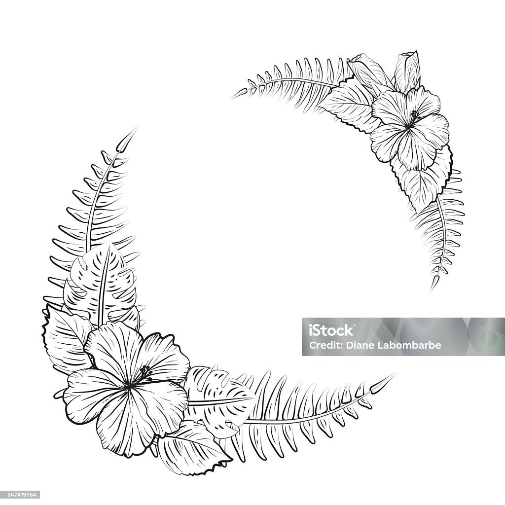 Black and White Tropical Hibiscus Floral Frame Tropical Hibiscus Floral Frame with leaves ornaments in Black and White. Room in the center for your text or image. Adult stock vector