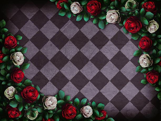 Red  roses and white roses on  chess background Red  roses and white roses on  chess background. Wonderland background. Rose flower frame. Illustration fairy rose stock pictures, royalty-free photos & images