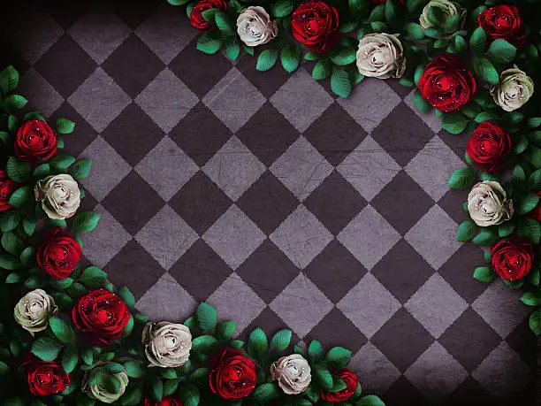 Red  roses and white roses on  chess background. Wonderland background. Rose flower frame. Illustration