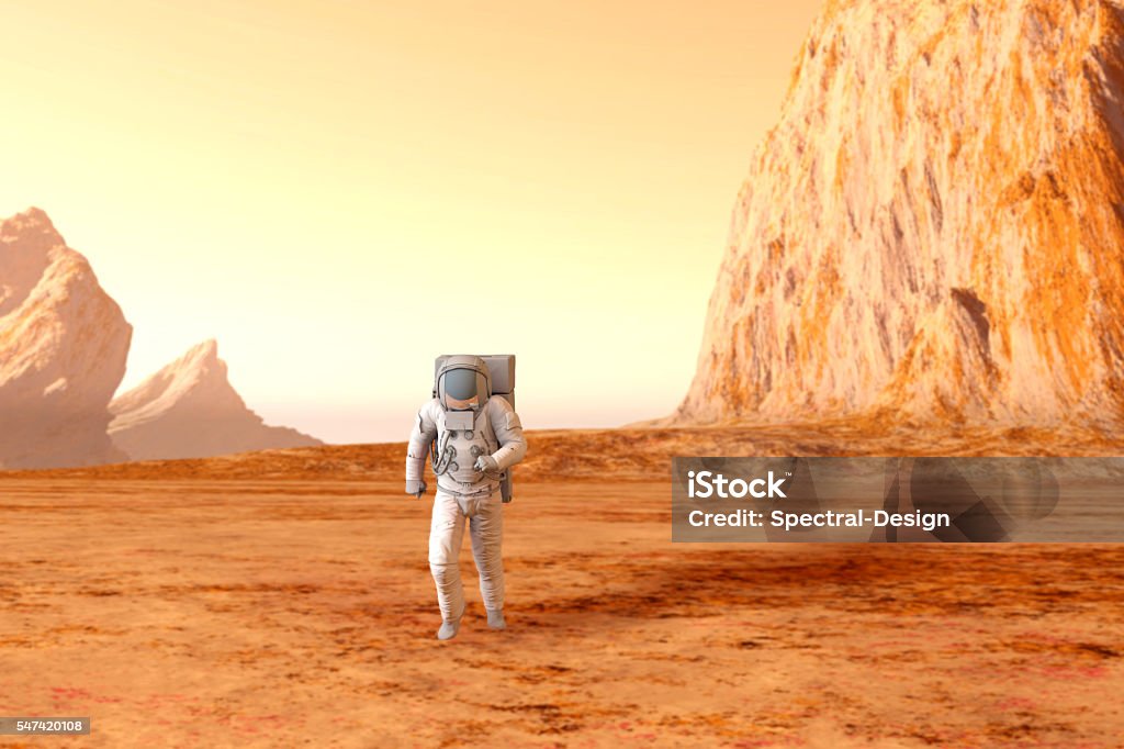 Astronaut on Mars A Astronaut walking on the surface of Mars. 3D illustration. Adult Stock Photo