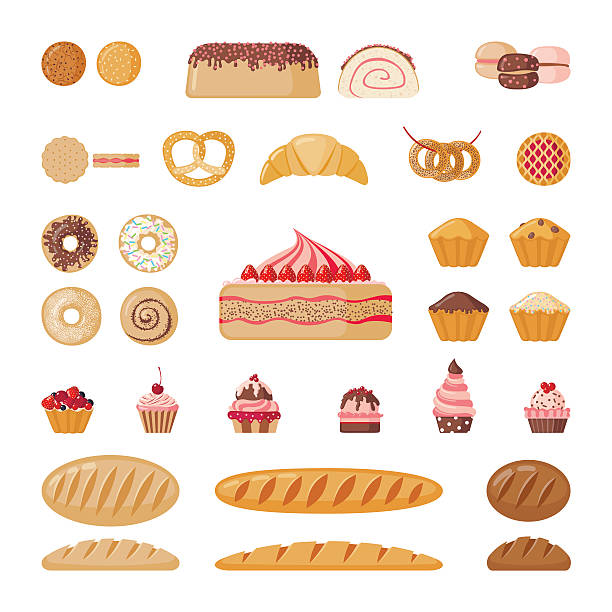 ilustraciones, imágenes clip art, dibujos animados e iconos de stock de gran conjunto de panadería - coffee whole wheat food bread
