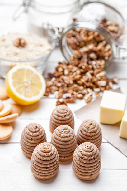 istock Traditional bee nest cake on wooden background 547425644
