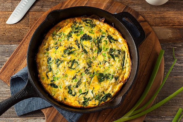 Homemade Spinach and Feta Fritatta Homemade Spinach and Feta Fritatta in a Skillet spanish breakfast stock pictures, royalty-free photos & images