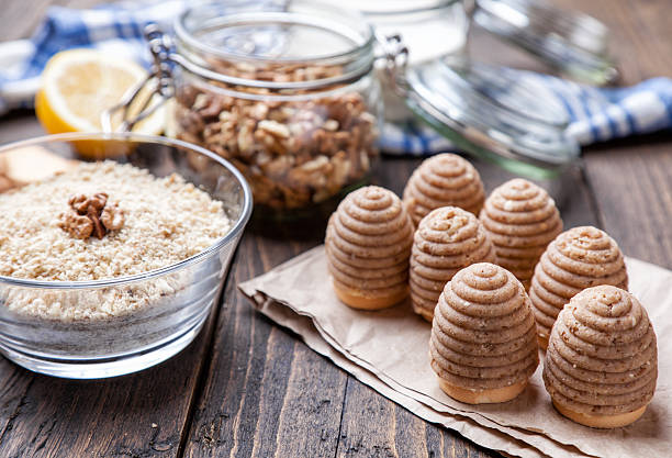 istock Traditional bee nest cake on wooden background 547428064