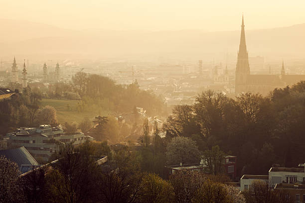 Linz panorama at sunrise. Linz, Upper Austria, Austria.