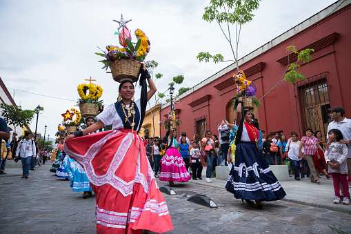 Women With China Oaxaqueña Traditional Costume Dancing For Guelaguetza ...