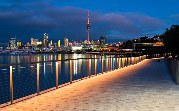 Auckland City at Night Auckland City - Skytower Waitemata Harbor stock pictures, royalty-free photos & images