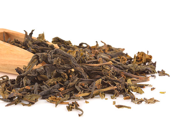 istock Wooden spoon over dry green tea leaves 547436196