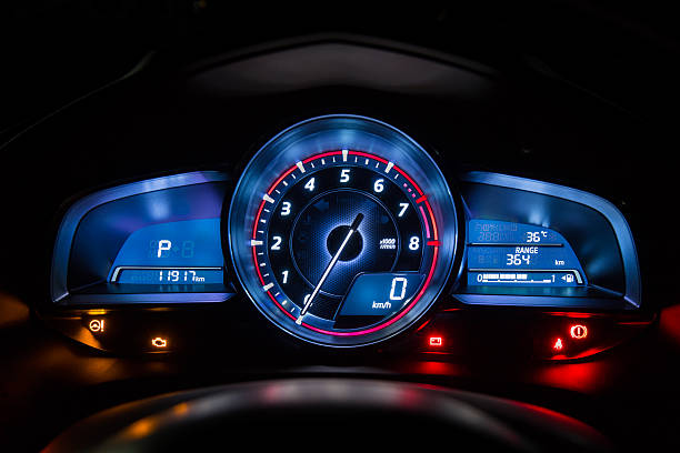 istock Modern car instrument dashboard panel or speedometer in night time 547436392