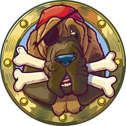 Vector cartoon clip art illustration of a pirate bloodhound dog head in a porthole with crossed bones in its mouth. He is wearing an eyepatch and bandana.