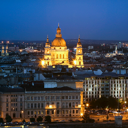 Madrid Spain, night panorama city skyline at Cathedral de la Almudena